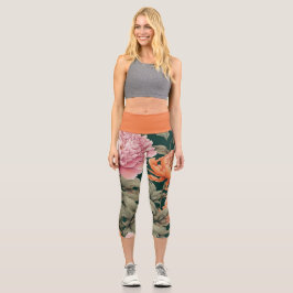 Leggings Capri Peonías rosadas y anaranjadas