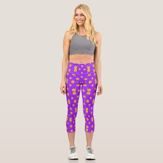 Leggings Capri Pequeño girasol sobre fondo violeta brillante (Anverso)