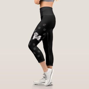Leggings Capri Perro De Dibujos Animados Shih Tzu Plateado Y Blan