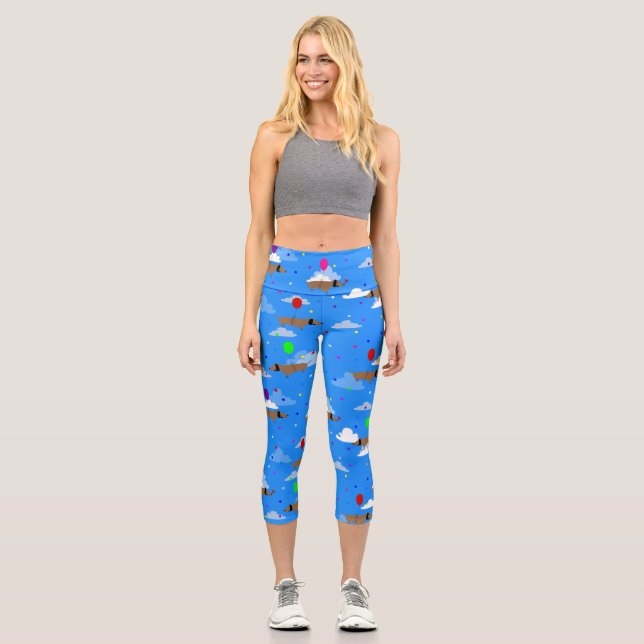 Leggings Capri perros divertidos dachshund globos nubes (Anverso)