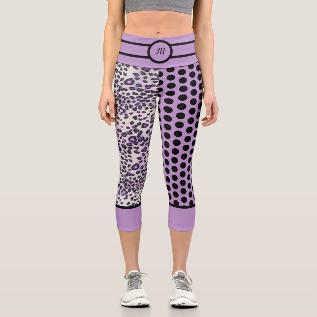 Leggings Capri Personalizado de Polkadot negro morado de leopardo (Anverso)