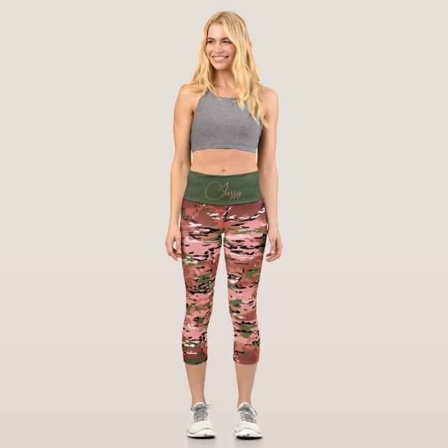 Leggings Capri Personalizado el Camo Verde Amber, quemado de moda (Anverso)