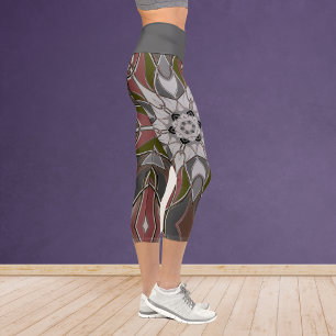 Leggings Capri Personalizado Mandala Flor Blanco Rojo y Verde