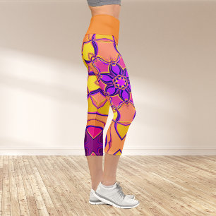 Leggings Capri Personalizado Mandala Flor rosa morado y Naranja