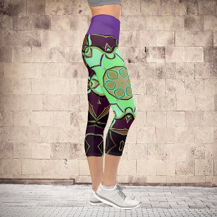 Leggings Capri Personalizado Mandala Flor Verde Púrpura y Negro