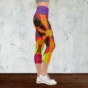 Leggings Capri Personalizado Mandala Naranja de flores morado y r