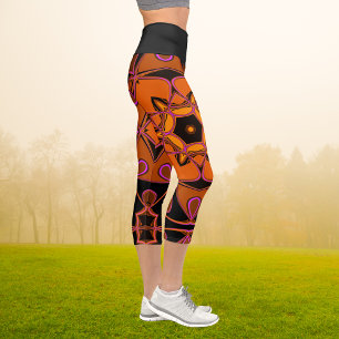 Leggings Capri Personalizado Mandala Naranja de flores rosa y neg