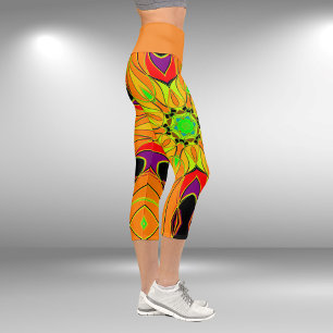 Leggings Capri Personalizado Mandala Naranja de flores verde y ro