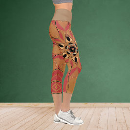 Leggings Capri Personalizado Mandala Naranja de flores y rosa