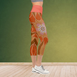 Leggings Capri Personalizado Mandala Naranja de flores y rosa