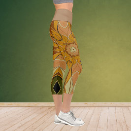 Leggings Capri Personalizado Mandala Naranja de flores y verde
