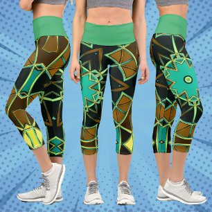 Leggings Capri Personalizado Mandala Verde Negro y Amarillo