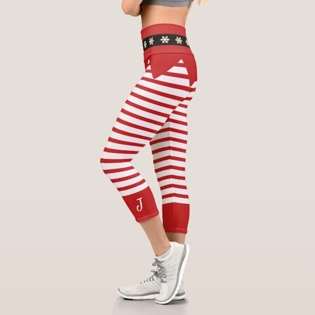 Leggings Capri Personalizado Tiras Blancas Rojas Candy Cane Santa (Izquierda)