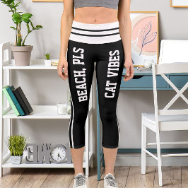 Leggings Capri Personalizado White Black Stripes Mascota Cat Tema