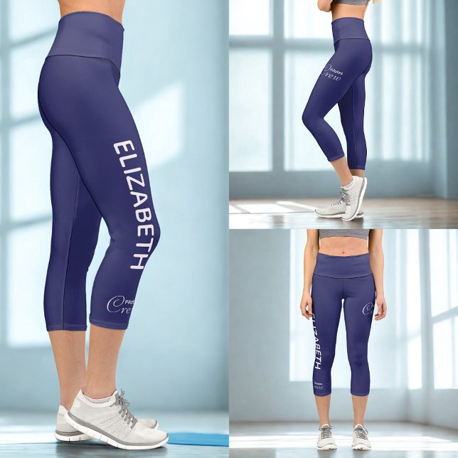 Leggings Capri Personalized Pilates Crew Reformer / Mat Blue (Blue Capri leggings in a fitness studio.)