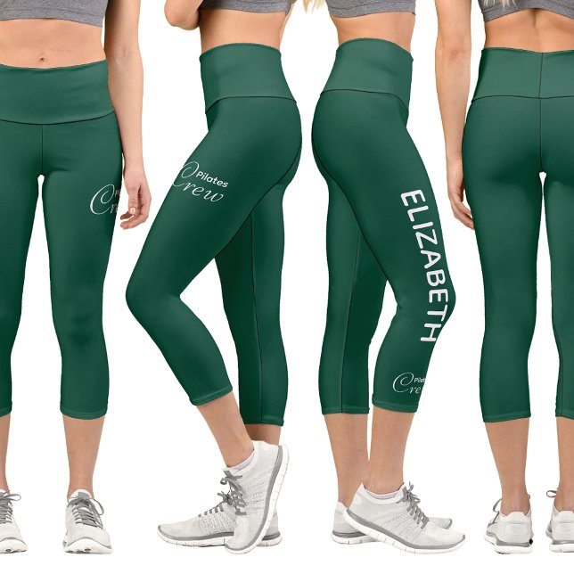 Leggings Capri Personalized Pilates Crew Reformer / Mat Green (Green leggings shown from 4 different views with a white background.)