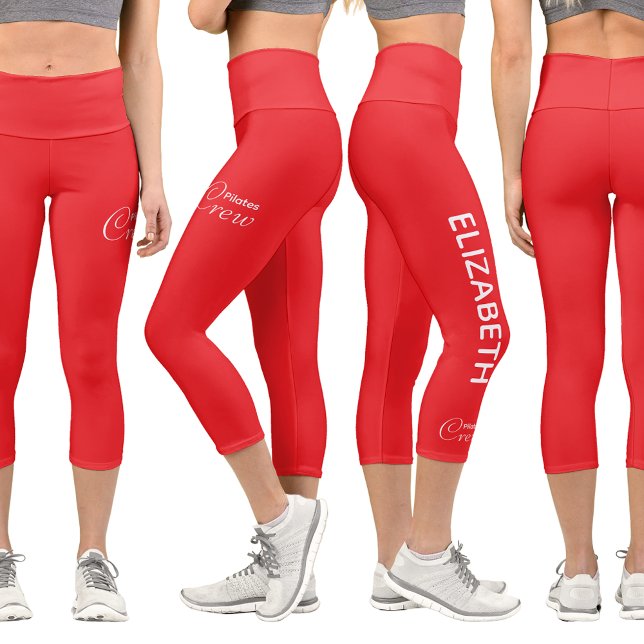 Leggings Capri Personalized Pilates Crew Reformer / Mat Red (Red Pilates leggings shown from 4 angles with a white background.)