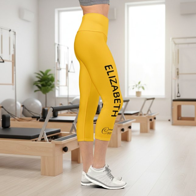 Leggings Capri Personalized Pilates Crew Reformer Or Mat Yellow (Yellow Pilates Crew Capri Leggings right side. Studio background.)