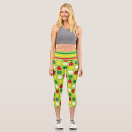 Leggings Capri Pickleball ladybugs and picklaballs on green fresc