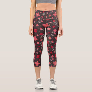 Leggings Capri Piernas Capris en negro con flores rosas