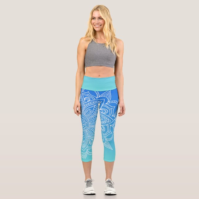 Leggings Capri Piernas de yoga azul turquesa Ombre azul Mandala (Anverso)