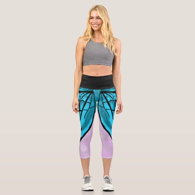 Leggings Capri Piernas de yoga de mariposa azul (Anverso)