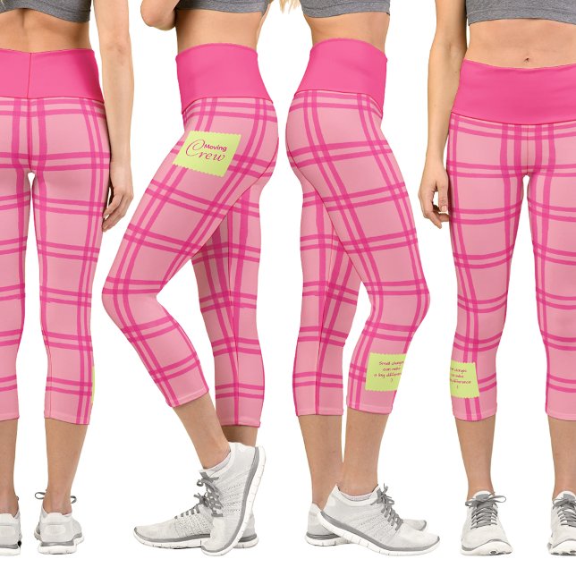 Leggings Capri Pilates Yoga Pink Check Personalized Text (Pink checkered capris leggings. White background.)