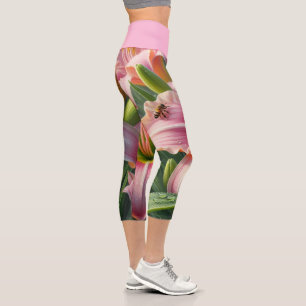 Leggings Capri Pink Daylily Floral