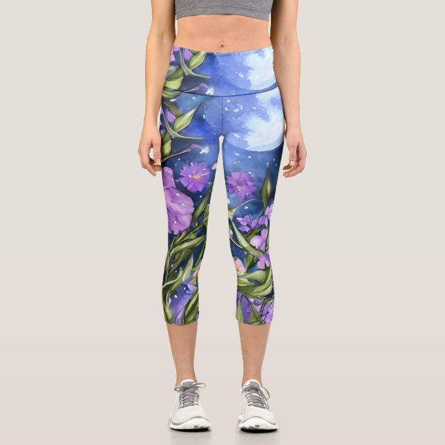Leggings Capri Pintar la mano acuarela de luna llena jardín noctu (Anverso)