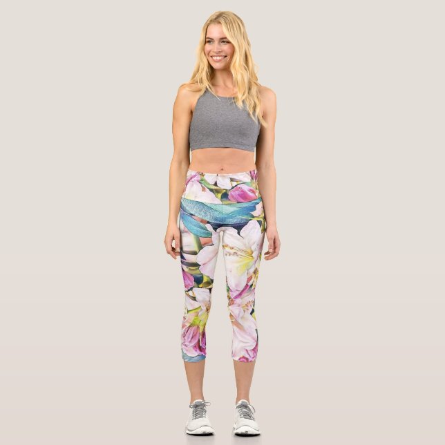 Leggings Capri Pintura acuarela de azalea blanca rosa (Anverso)