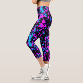Leggings Capri Pintura brillante divertida salpicadura rosa azul 