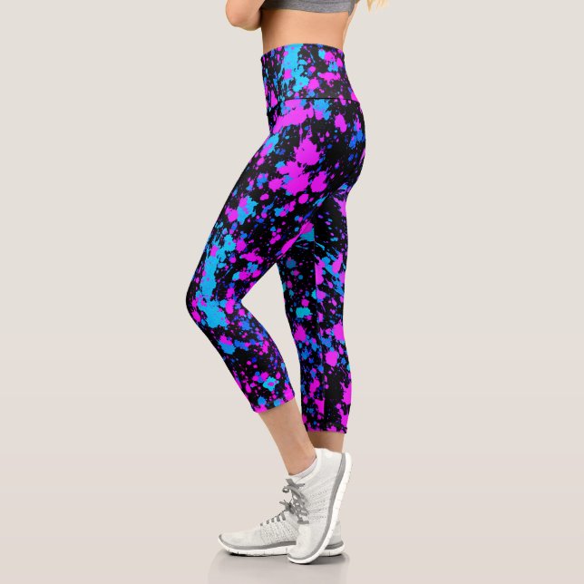 Leggings Capri Pintura brillante divertida salpicadura rosa azul  (Izquierda)