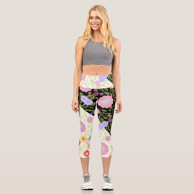 Leggings Capri Pintura de arte pop floral con un patrón de brillo (Anverso)