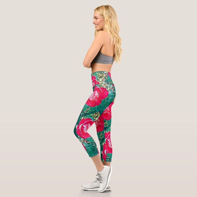 Leggings Capri Pintura estilizada de Rosa de flores rojas (Izquierda)