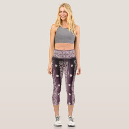 Leggings Capri Pintura morada de damasco floral de punto de polka