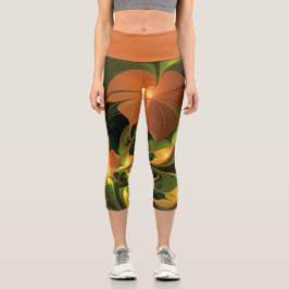 Leggings Capri Planta de fantasía Resumen Fractal Verde Rust Brow