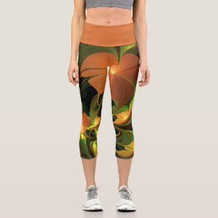 Leggings Capri Planta de fantasía Resumen Fractal Verde Rust Brow