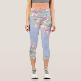 Leggings Capri Planta verde cielo azul deja flores moradas