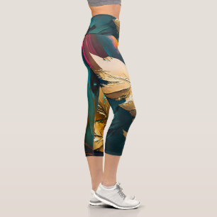 Leggings Capri Pluma Dorada – Elegancia Abstracta de Lujo