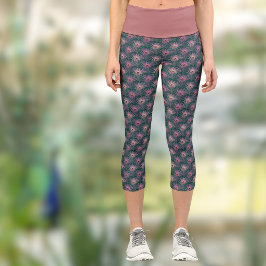 Leggings Capri Plumas de pavo real rosa Patrón bonito Verde turqu