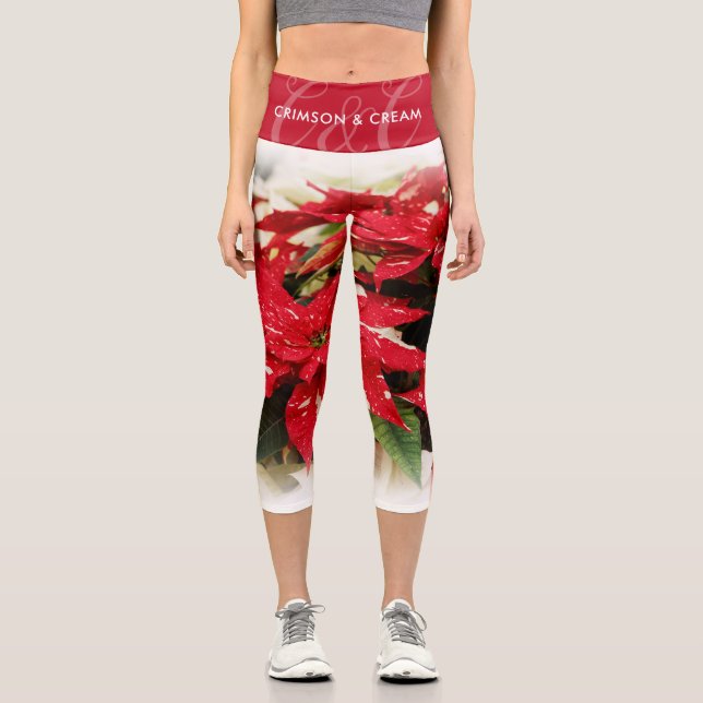 Leggings Capri Poinsettias florales blancas rojas festivas (Anverso)