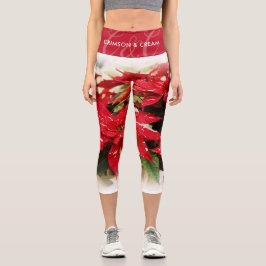 Leggings Capri Poinsettias Florales Blancas y Rojas Festivas