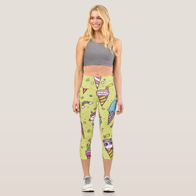 Leggings Capri Pop Cute Ice Cream: Patrón Animal (Anverso)