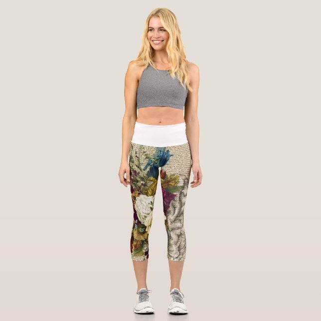 Leggings Capri poster de anatomía cerebral floral médica (Anverso)