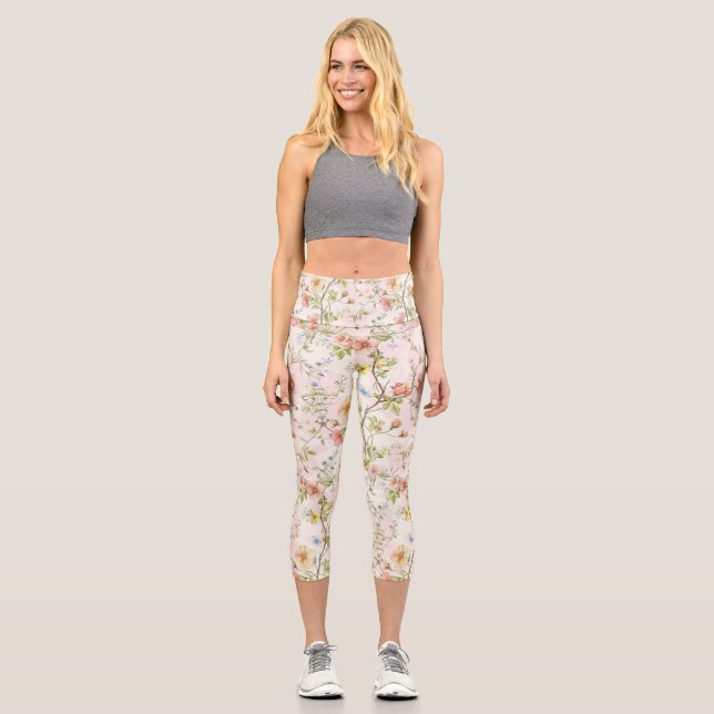 Leggings Capri pradera floral de primavera con mariposas (Anverso)