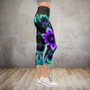 Leggings Capri Psicodelia Flor hippie morado Verde azulado y negr
