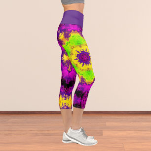 Leggings Capri Psicodelia Kaleidoscope Amarillo Verde y Morado L