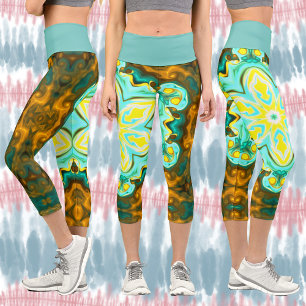 Leggings Capri Psicodelia Mandala Flor Verde azulada y Amarilla