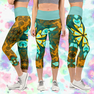 Leggings Capri Psicodelia Mandala Flor Verde azulada y Amarilla