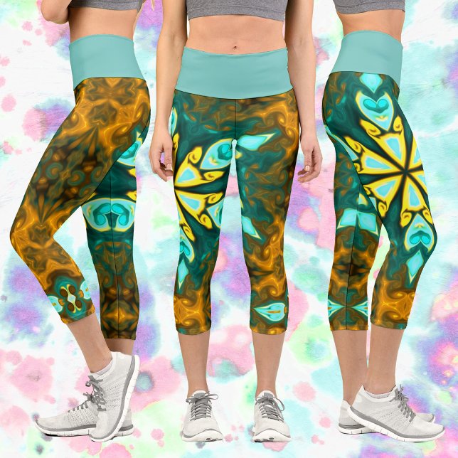 Leggings Capri Psicodelia Mandala Flor Verde azulada y Amarilla (Subido por el creador)